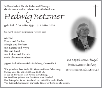 Anzeige von Hedwig Betzner von  Blickpunkt Euskirchen 