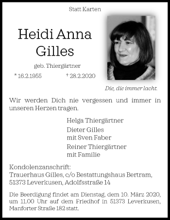 Anzeige von Heidi Anna Gilles von Kölner Stadt-Anzeiger / Kölnische Rundschau / Express