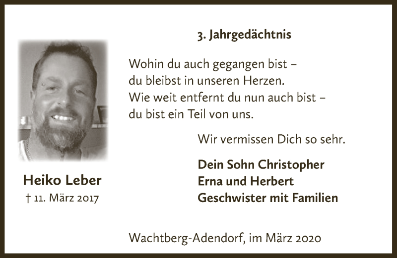  Traueranzeige für Heiko Leber vom 11.03.2020 aus  Schaufenster/Blickpunkt 