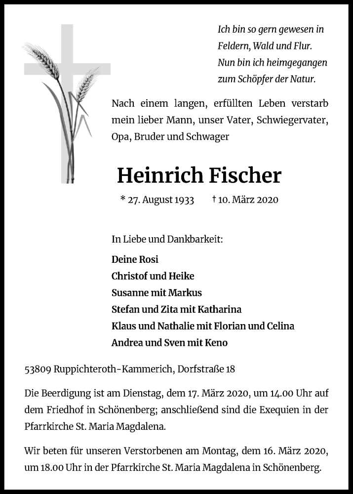  Traueranzeige für Heinrich Fischer vom 14.03.2020 aus Zeitungsgruppe Köln