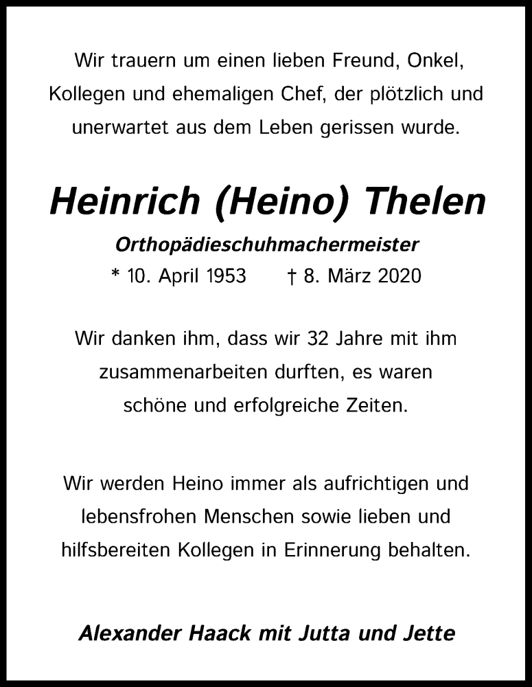  Traueranzeige für Heinrich Thelen vom 21.03.2020 aus Kölner Stadt-Anzeiger / Kölnische Rundschau / Express