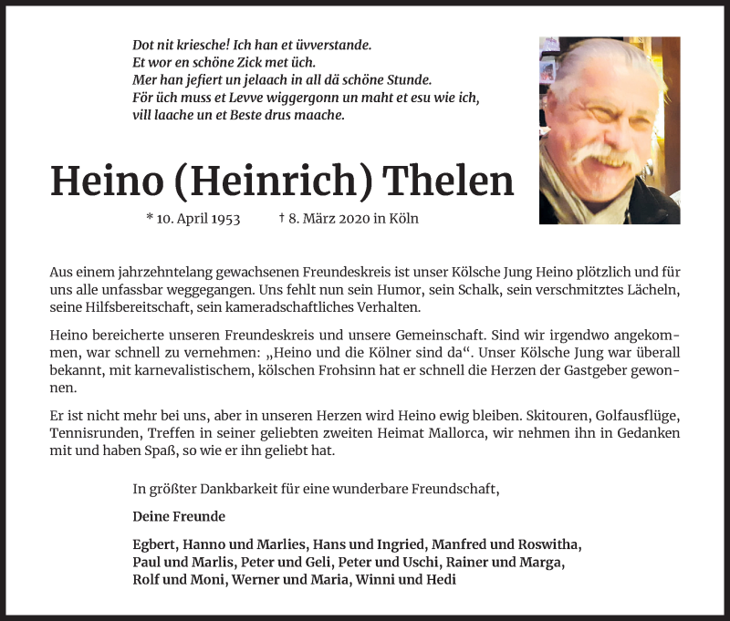  Traueranzeige für Heinrich Thelen vom 21.03.2020 aus Kölner Stadt-Anzeiger / Kölnische Rundschau / Express