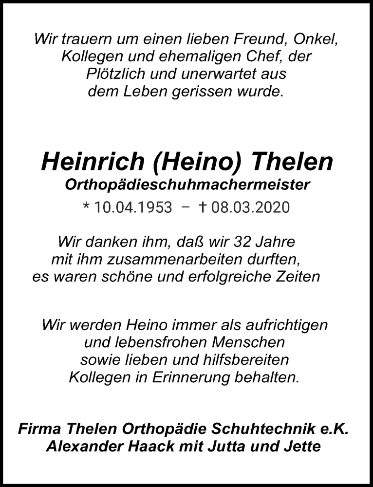  Traueranzeige für Heinrich Thelen vom 18.03.2020 aus  Kölner Wochenspiegel 