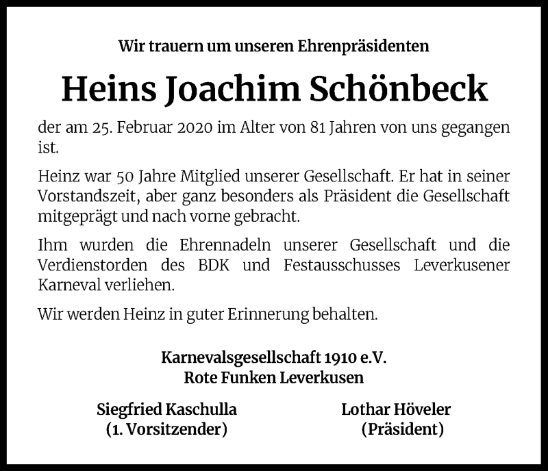  Traueranzeige für Heins Joachim Schönbeck vom 13.03.2020 aus Kölner Stadt-Anzeiger / Kölnische Rundschau / Express