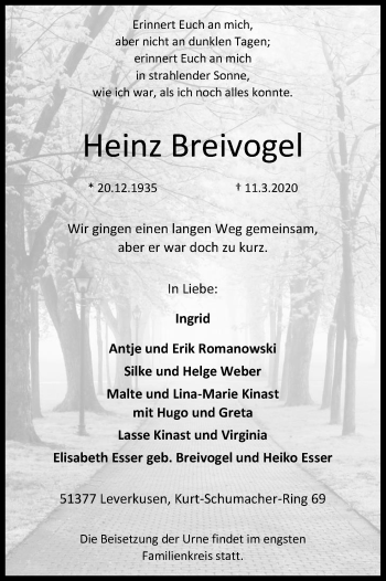 Anzeige von Heinz Breivogel von Kölner Stadt-Anzeiger / Kölnische Rundschau / Express