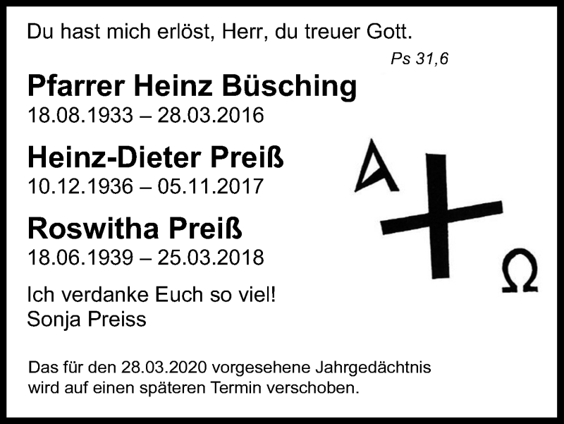  Traueranzeige für Heinz Büsching vom 26.03.2020 aus Kölner Stadt-Anzeiger / Kölnische Rundschau / Express