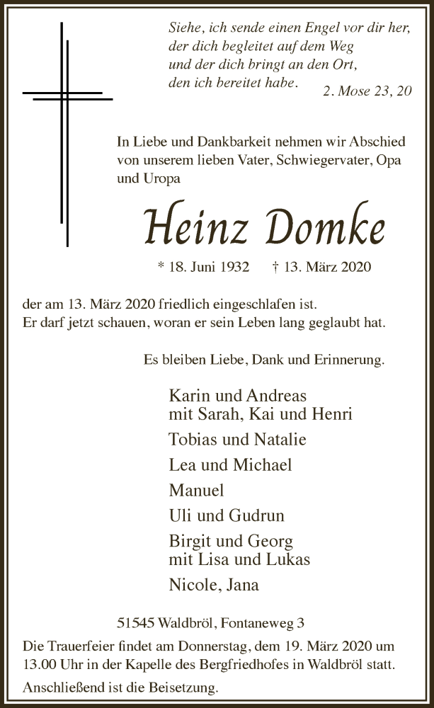  Traueranzeige für Heinz Domke vom 18.03.2020 aus  Lokalanzeiger 