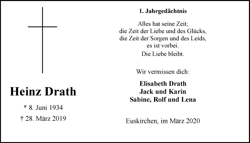  Traueranzeige für Heinz Drath vom 21.03.2020 aus  Blickpunkt Euskirchen 