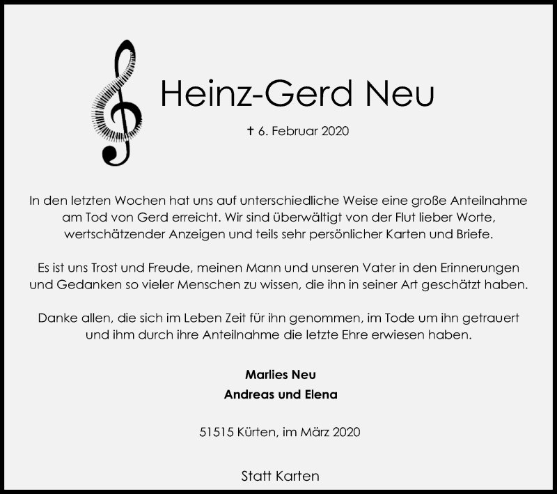  Traueranzeige für Heinz-Gerd Neu vom 21.03.2020 aus Kölner Stadt-Anzeiger / Kölnische Rundschau / Express
