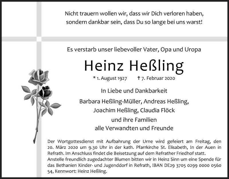  Traueranzeige für Heinz Heßling vom 14.03.2020 aus Zeitungsgruppe Köln