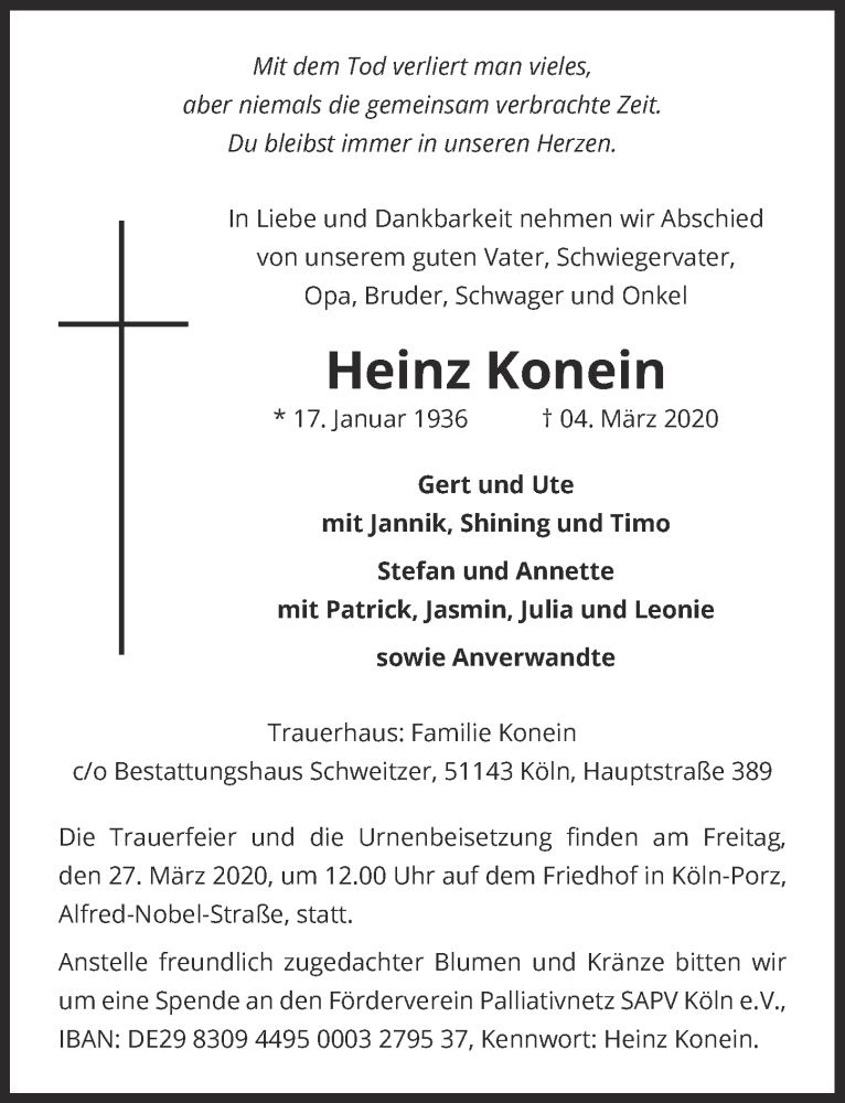  Traueranzeige für Heinz Konein vom 18.03.2020 aus  Kölner Wochenspiegel 