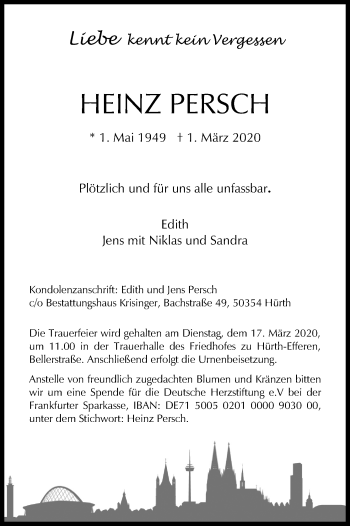 Anzeige von Heinz Persch von Kölner Stadt-Anzeiger / Kölnische Rundschau / Express