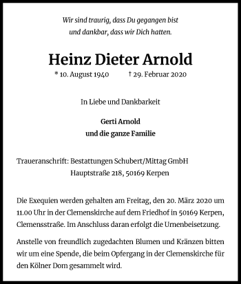 Anzeige von Heinz Dieter Arnold von Zeitungsgruppe Köln