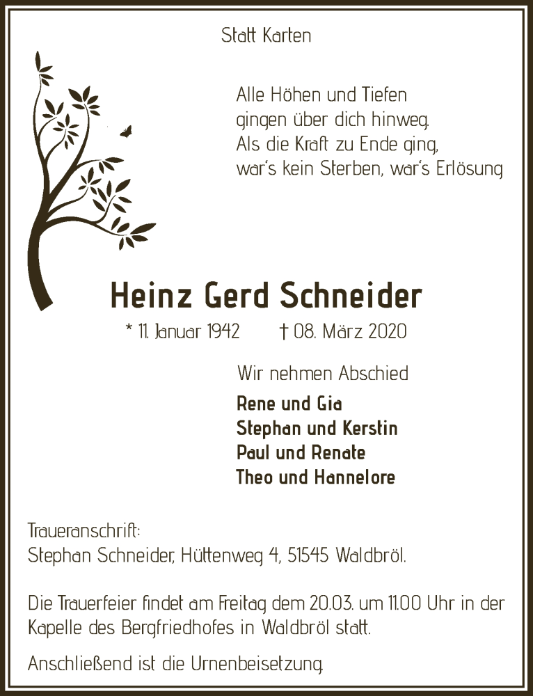  Traueranzeige für Heinz Gerd Schneider vom 18.03.2020 aus  Lokalanzeiger 