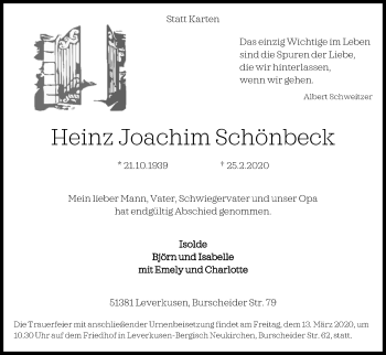 Anzeige von Heinz Joachim Schönbeck von Kölner Stadt-Anzeiger / Kölnische Rundschau / Express
