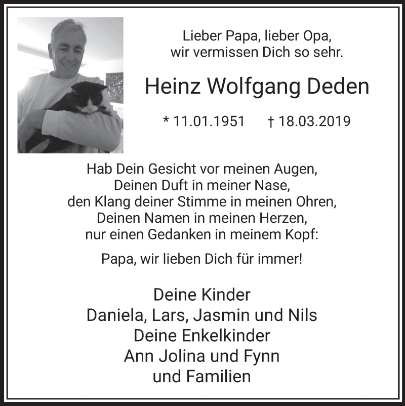  Traueranzeige für Heinz Wolfgang Deden vom 14.03.2020 aus  Sonntags-Post 