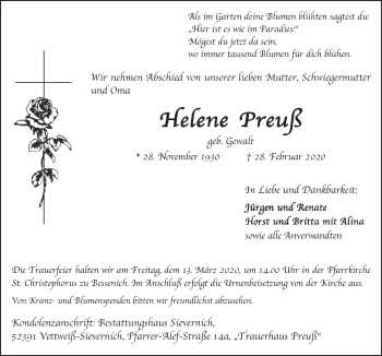 Anzeige von Helene Preuß von  Blickpunkt Euskirchen 