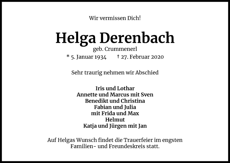  Traueranzeige für Helga Derenbach vom 05.03.2020 aus Kölner Stadt-Anzeiger / Kölnische Rundschau / Express