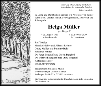 Anzeige von Helga Müller von Kölner Stadt-Anzeiger / Kölnische Rundschau / Express