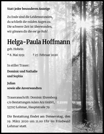Anzeige von Helga-Paula Hoffmann von Zeitungsgruppe Köln