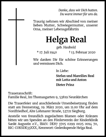 Anzeige von Helga Real von Zeitungsgruppe Köln