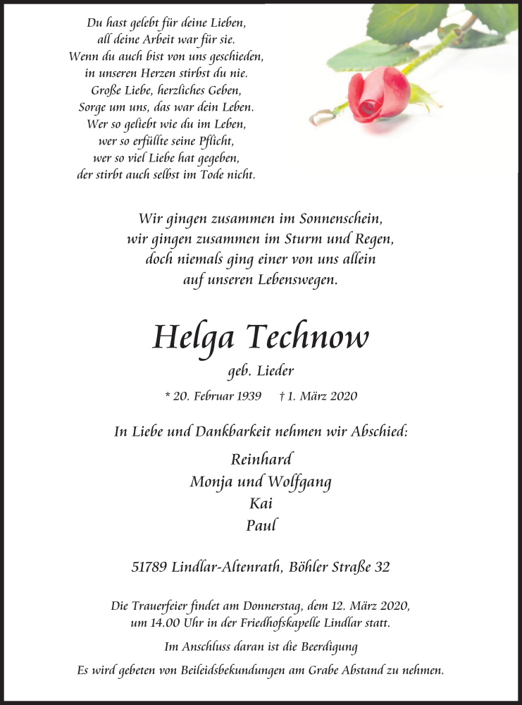  Traueranzeige für Helga Technow vom 07.03.2020 aus Kölner Stadt-Anzeiger / Kölnische Rundschau / Express