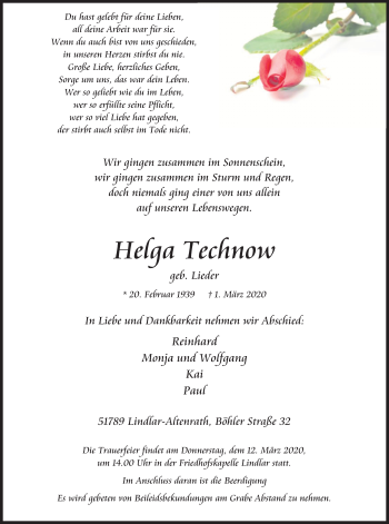 Anzeige von Helga Technow von Kölner Stadt-Anzeiger / Kölnische Rundschau / Express