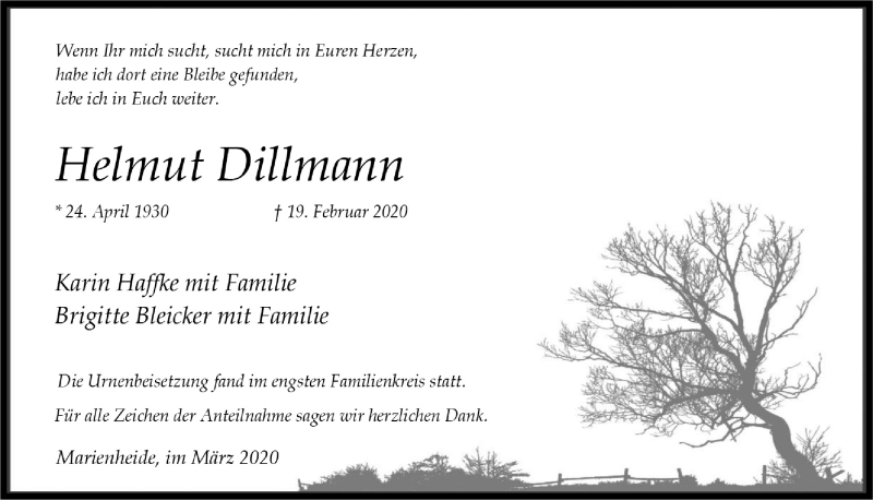  Traueranzeige für Helmut Dillmann vom 11.03.2020 aus  Anzeigen Echo 