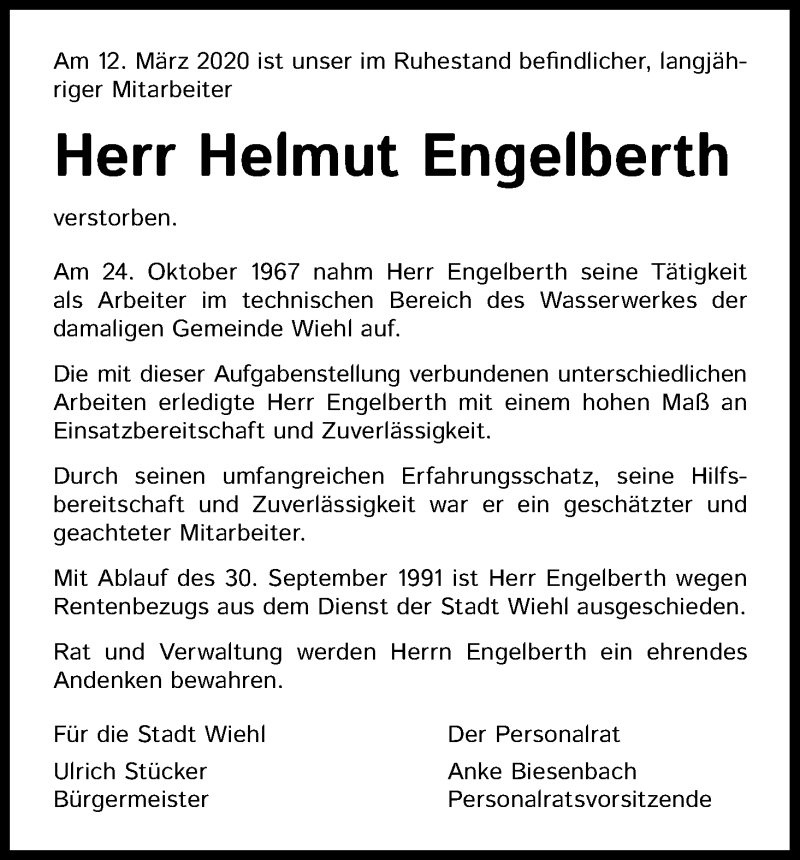  Traueranzeige für Helmut Engelberth vom 25.03.2020 aus Kölner Stadt-Anzeiger / Kölnische Rundschau / Express
