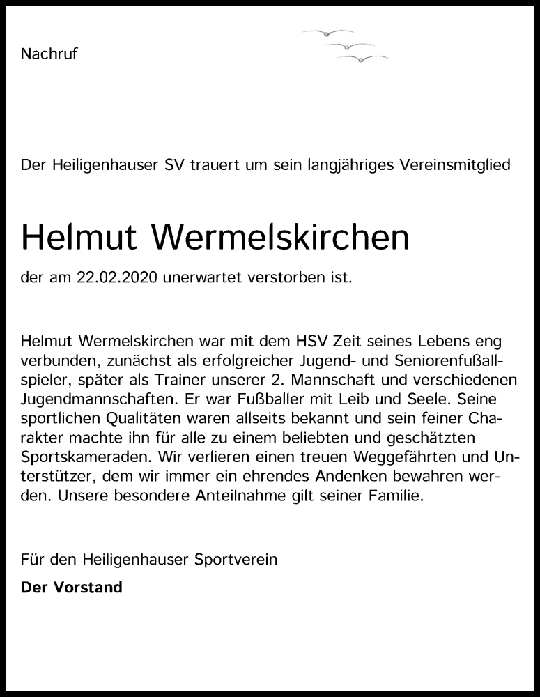  Traueranzeige für Helmut Wermelskirchen vom 07.03.2020 aus Kölner Stadt-Anzeiger / Kölnische Rundschau / Express