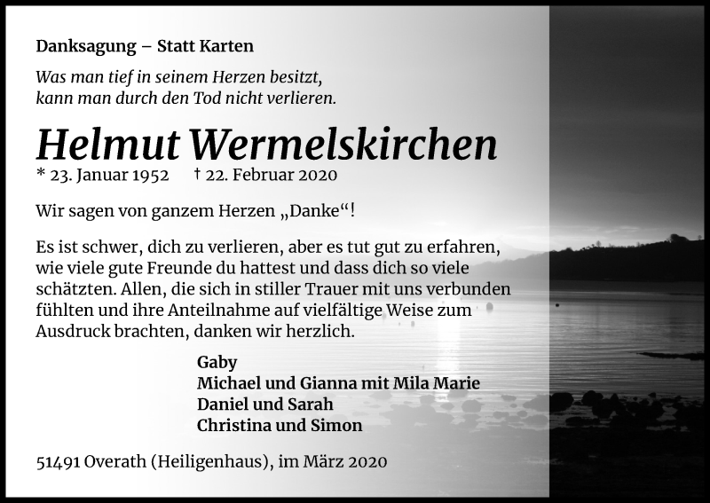  Traueranzeige für Helmut Wermelskirchen vom 28.03.2020 aus Kölner Stadt-Anzeiger / Kölnische Rundschau / Express