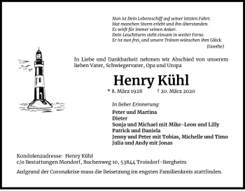 Anzeige von Henry Kühl von Kölner Stadt-Anzeiger / Kölnische Rundschau / Express