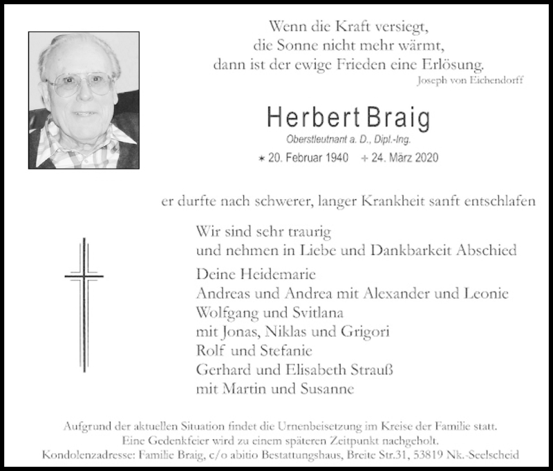  Traueranzeige für Herbert Braig vom 28.03.2020 aus Kölner Stadt-Anzeiger / Kölnische Rundschau / Express