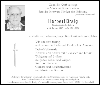 Anzeige von Herbert Braig von Kölner Stadt-Anzeiger / Kölnische Rundschau / Express