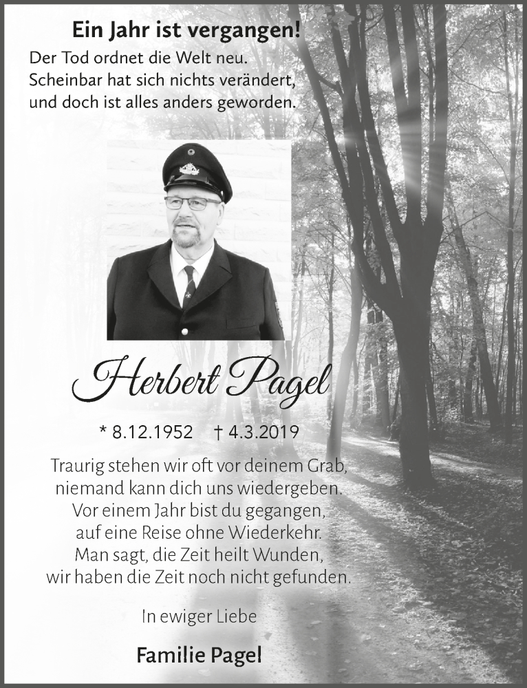  Traueranzeige für Herbert Pagel vom 04.03.2020 aus  Lokalanzeiger 