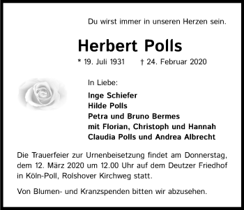 Anzeige von Herbert Polls von Kölner Stadt-Anzeiger / Kölnische Rundschau / Express