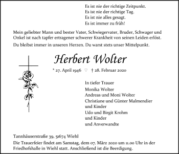 Anzeige von Herbert Wolter von  Anzeigen Echo 
