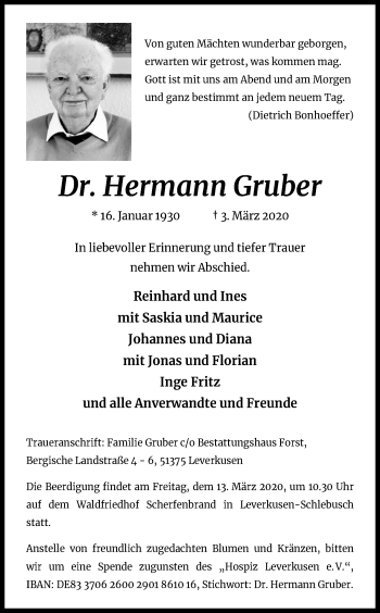 Anzeige von Hermann Gruber von Kölner Stadt-Anzeiger / Kölnische Rundschau / Express