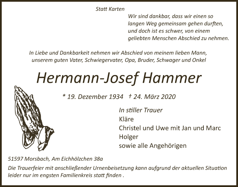  Traueranzeige für Hermann-Josef Hammer vom 27.03.2020 aus  Lokalanzeiger 