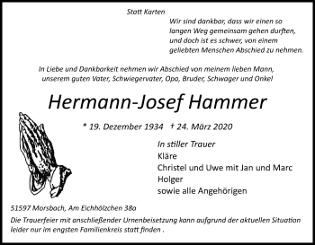 Anzeige von Hermann-Josef Hammer von Kölner Stadt-Anzeiger / Kölnische Rundschau / Express