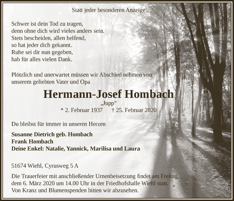  Traueranzeige für Hermann-Josef  Hombach vom 04.03.2020 aus  Anzeigen Echo 