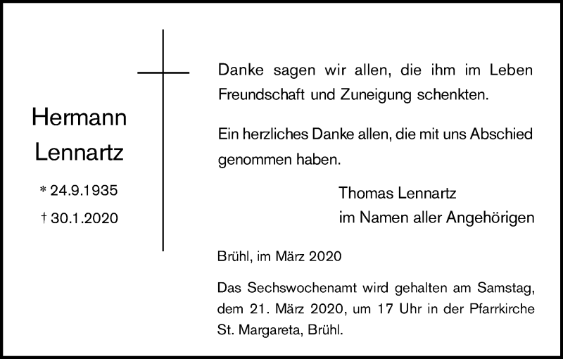  Traueranzeige für Hermann Lennartz vom 14.03.2020 aus Zeitungsgruppe Köln