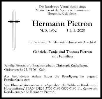 Anzeige von Hermann Pietron von Kölner Stadt-Anzeiger / Kölnische Rundschau / Express
