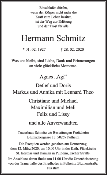 Anzeige von Hermann Schmitz von  Sonntags-Post 