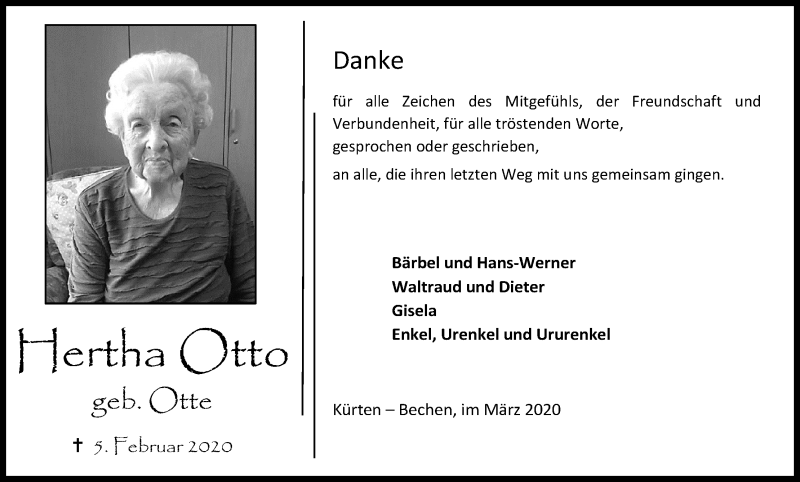  Traueranzeige für Hertha Otto vom 07.03.2020 aus Kölner Stadt-Anzeiger / Kölnische Rundschau / Express