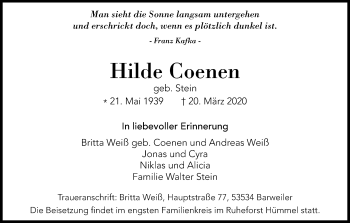 Anzeige von Hilde Coenen von Kölner Stadt-Anzeiger / Kölnische Rundschau / Express