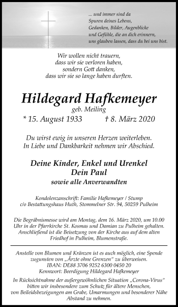 Anzeige von Hildegard Hafkemeyer von Zeitungsgruppe Köln