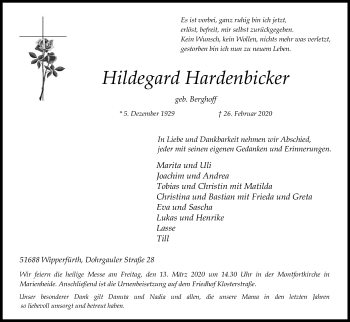Anzeige von Hildegard Hardenbicker von Kölner Stadt-Anzeiger / Kölnische Rundschau / Express