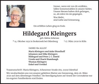 Anzeige von Hildegard Kleingers von Kölner Stadt-Anzeiger / Kölnische Rundschau / Express