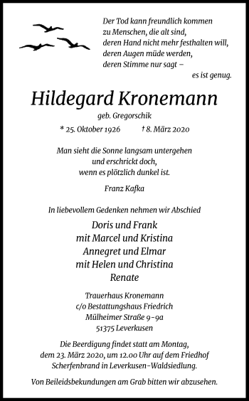 Anzeige von Hildegard Kronemann von Zeitungsgruppe Köln